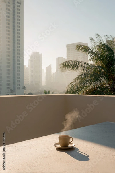 Fototapeta peaceful breakfast scene on balcony overlooking bustling city with solitary cup of coffee