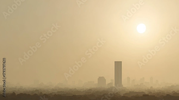 Fototapeta in minimalist urban landscape ultrabright sunset casts warm glow over city skyline