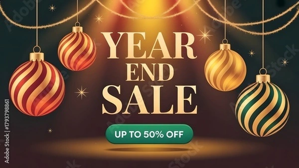 Fototapeta A festive year end sale banner featuring sparkling christmas ornaments and the offer up to 50% off to attract shoppers during the holiday season