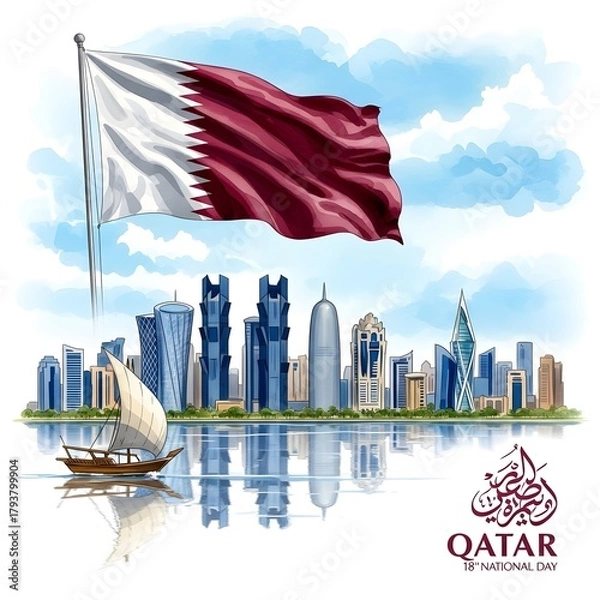 Fototapeta Watercolor illustration of qatar national day with a sailing dhow and cityscape reflected in the water