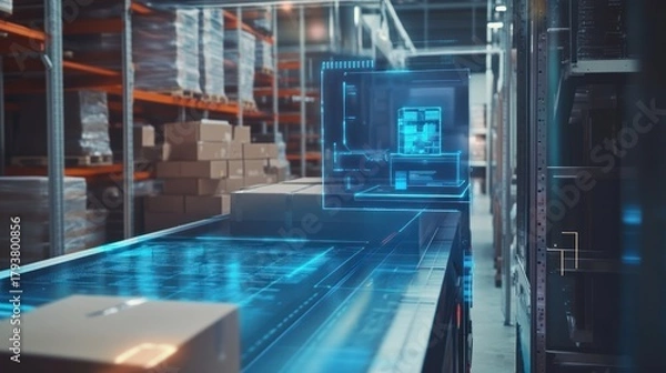 Fototapeta futuristic warehouse automation showcasing cardboard boxes moving along a conveyor system with digital data overlay for smart logistics management