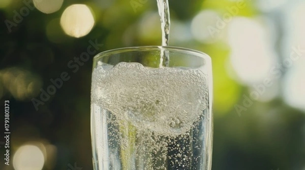 Fototapeta refreshing beverage poured gracefully into glass, creating effervescent bubbles against a serene backdrop, suggesting vitality and purity