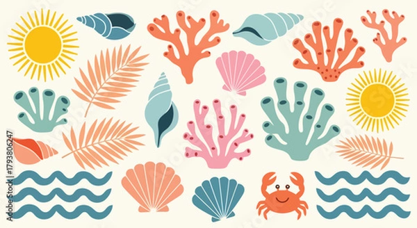 Obraz Colorful tropical sea life and beach elements with sun, coral, and seashells