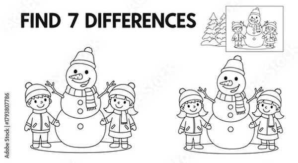 Obraz Find 7 differences puzzle with snowman and kids coloring page for children