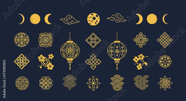 Obraz Collection of intricate gold chinese and asianinspired patterns, symbols, and decorative motifs