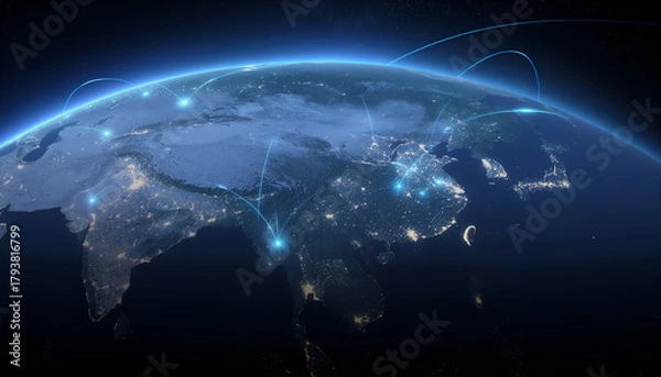 Fototapeta Night view of Earth with bright network links showing global connectivity, data exchange, and digital systems.
