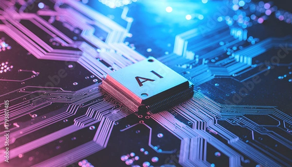 Obraz Artificial intelligence processor on a vibrant circuit board, highlighting modern computing and smart technology.