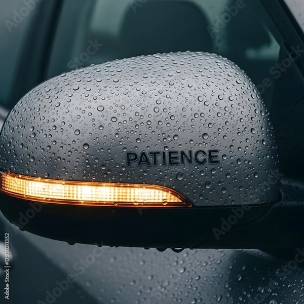 Fototapeta A close-up of a car side mirror covered in raindrops with the word 'PATIENCE' inscribed on it, highlighting a calm and reflective moment during rainy weather