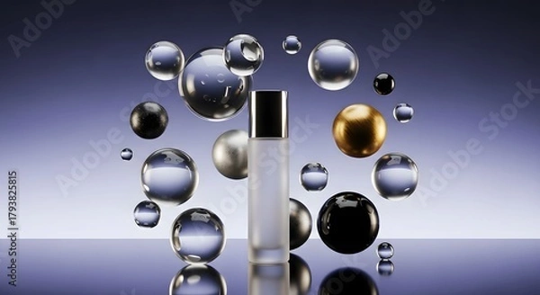 Fototapeta A sleek, modern cosmetic or perfume bottle surrounded by colorful, reflective spheres creating a sophisticated and elegant visual composition