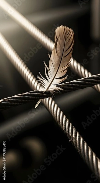 Fototapeta Close-up of a delicate feather resting on intertwined metal cables, highlighting contrast between organic and industrial elements with a dark background
