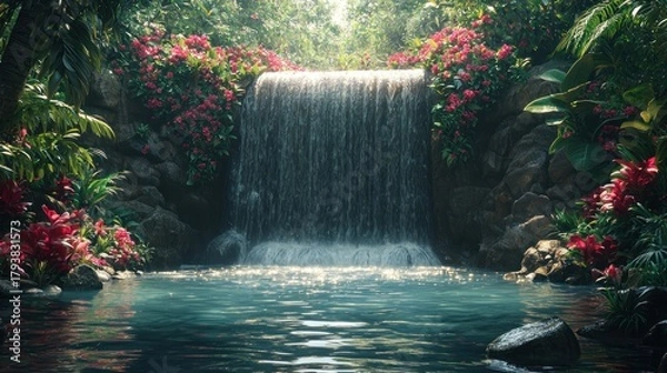 Fototapeta Lush tropical waterfall cascading into a serene pool, surrounded by vibrant flowers and rocks.