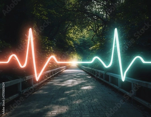 Fototapeta Luminous Heartbeat Wave Transforming Into a Serene Forest Path, Representing Holistic Wellness, Nature Healing, and Mind–Body Harmony