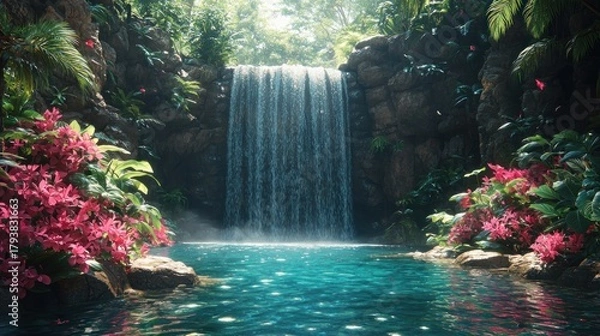 Obraz Lush tropical waterfall cascading into a serene pool. (1)