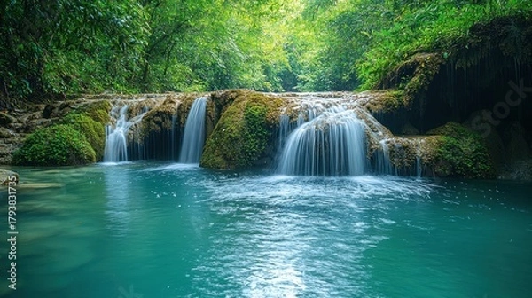Obraz Serene turquoise waterfall cascading over moss-covered rocks in lush green jungle.
