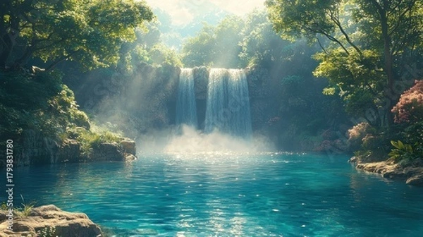 Fototapeta Serene waterfall cascading into a tranquil turquoise pool, surrounded by lush green foliage and sunlight beams.