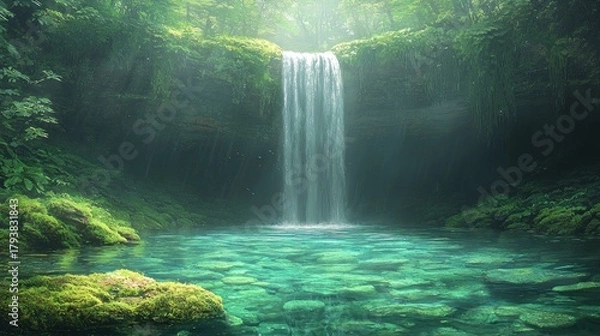 Fototapeta Serene waterfall cascading into a pristine pool in a lush green forest.