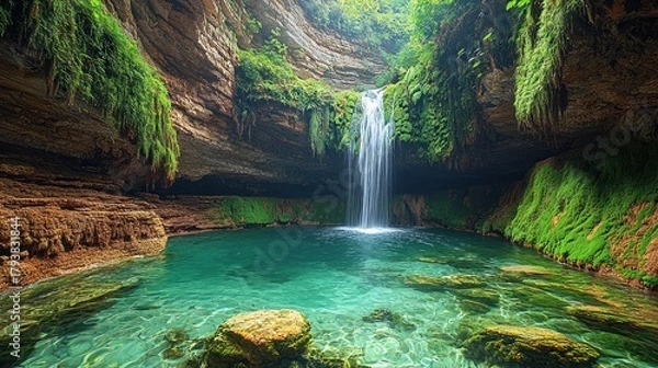Obraz Hidden waterfall cascading into a crystal-clear pool within a lush green cave.
