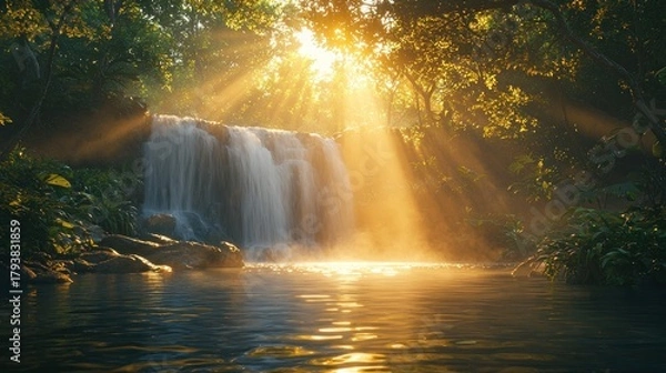 Obraz Sunbeams illuminate a serene waterfall cascading into a tranquil pool within a lush, green jungle.