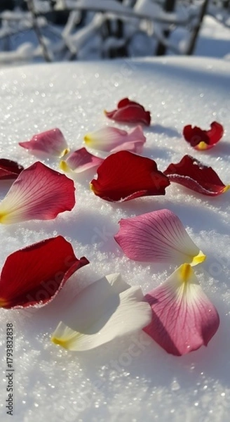 Obraz Rose Petals on Snow - A Delicate Winter Scene.