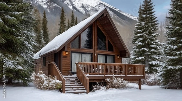 Obraz Cozy Winter Cabin: A picturesque wooden cabin nestled amidst a snow-laden forest, with a majestic mountain backdrop, epitomizing the serenity of a winter getaway.