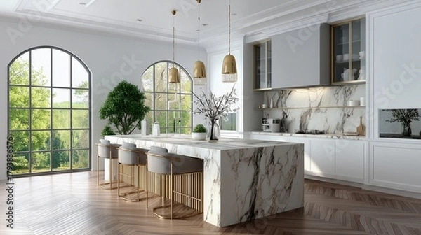 Obraz Luxury Kitchen Oasis: A bright and airy kitchen space with a large island, elegant countertops, and modern appliances, offering a sense of sophisticated domesticity and culinary potential.