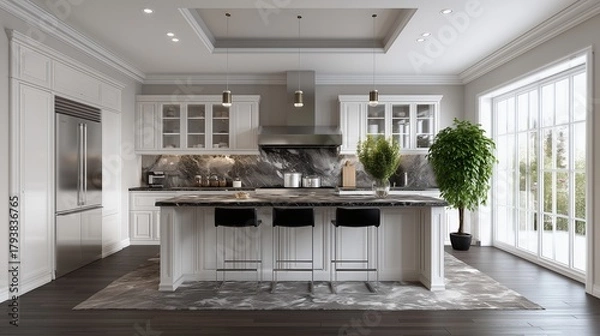 Obraz Modern Kitchen: A high-end kitchen showcases a sleek aesthetic with a central island and a blend of modern appliances, perfect for culinary endeavors.