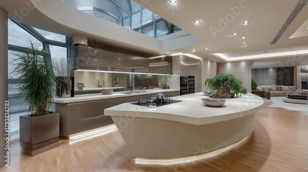 Obraz Modern Kitchen Interior: An impressive contemporary kitchen space with an island, sleek design, and panoramic windows, creating a bright, spacious, and sophisticated area.