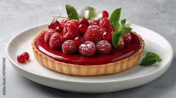 Obraz Delectable Raspberry Tart: A close-up shot of a vibrant raspberry tart, meticulously arranged on a pristine plate. The rich, red glaze glistens atop a bed of fresh raspberries.
