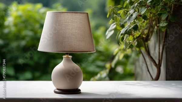 Obraz Serene Lamp Display: A vintage table lamp casts a gentle glow against a verdant backdrop, creating a soothing ambiance perfect for relaxation. 