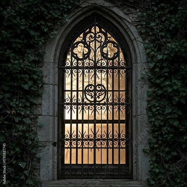 Fototapeta Ornate Gothic Window with Ironwork and Ivy-Covered Stone.