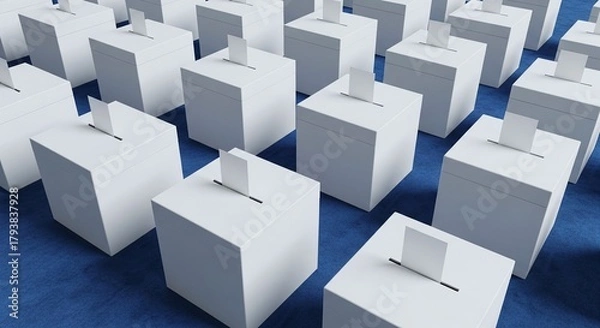 Fototapeta Rows of identical white ballot boxes representing democratic elections and collective choices