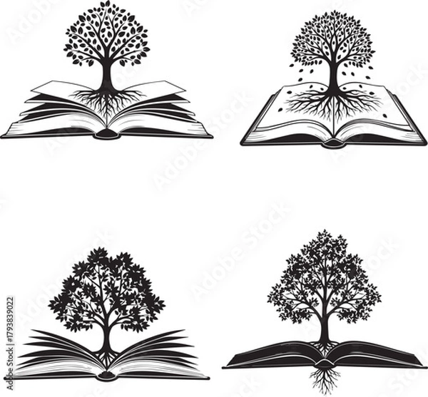 Obraz Tree of Knowledge Silhouettes – Minimalist Black & White Vector Icons of Growth from Books