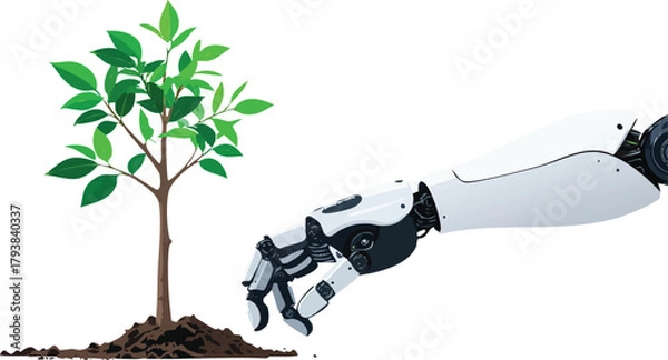 Obraz Futuristic Robot Hand Planting a Living Tree, Symbolizing Sustainable Technology, Eco Innovation, and Environmental Responsibility