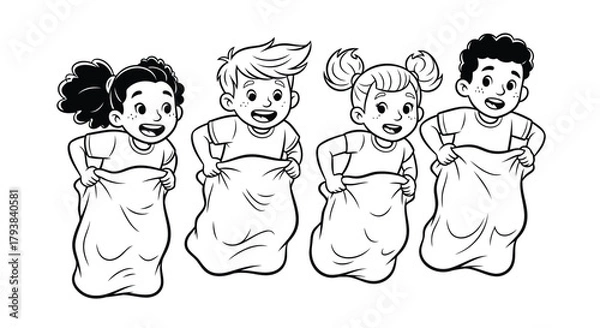Obraz Four happy children in sack race competition, smiling and excited, cartoon illustration