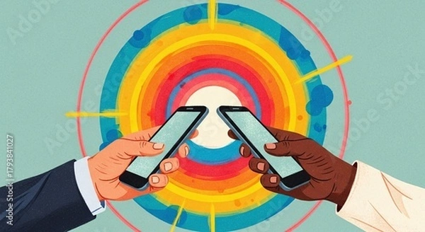 Fototapeta Diverse hands connect globally using smartphones, exchanging vibrant digital information and data