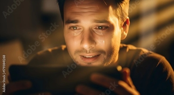 Fototapeta A young man with tears in his eyes looking at a smartphone screen, conveying a strong emotional reaction or distress in a dimly lit environment