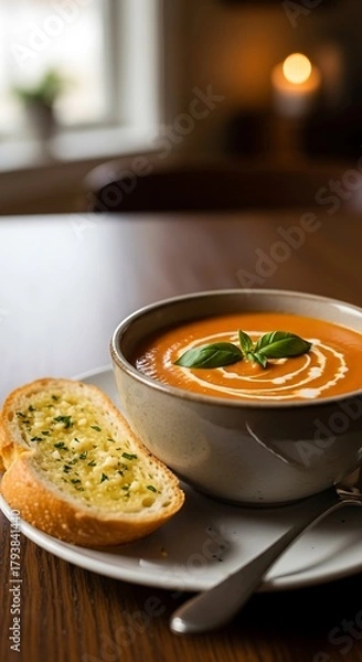 Obraz Tomato Soup and Garlic Bread - A Cozy Comfort Meal.