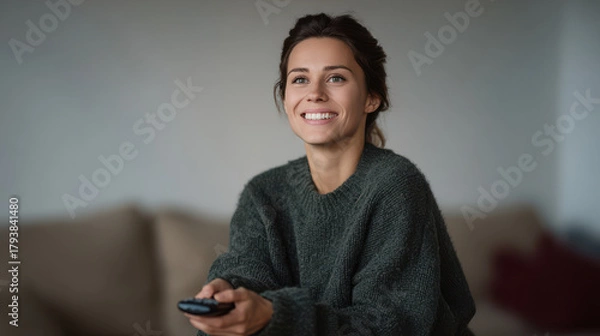 Fototapeta stylish photograph features smiling person holding tv remote surrounded by blurred scene of ar movie titles on