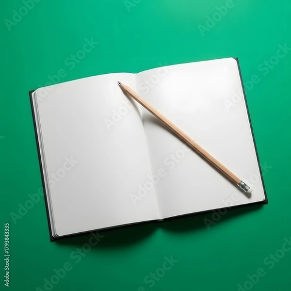 Obraz An open blank notebook with a pencil resting on its pages against a vibrant green background, ready for writing or drawing