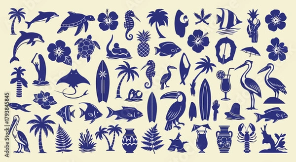 Obraz Vibrant collection of tropical and nautical icons including palm trees, fish, surfboards, and flowers