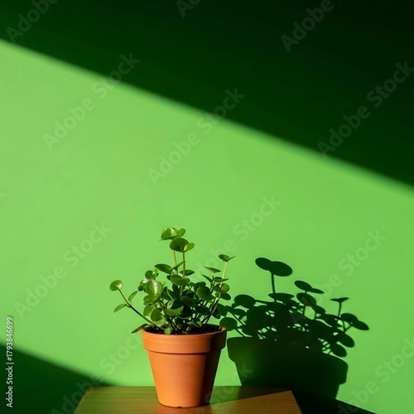 Obraz A small potted plant with round green leaves casting a shadow on a vibrant green wall illuminated by sunlight in a minimalistic indoor setting