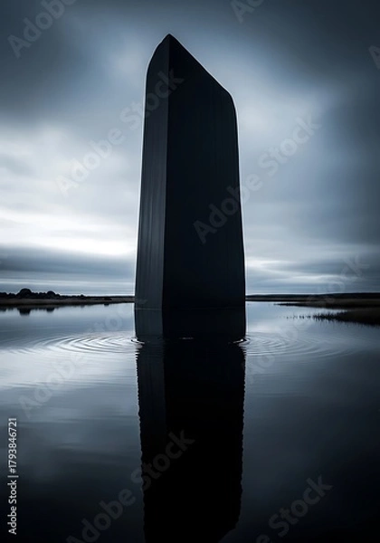 Fototapeta Monolith in Still Water - A Mysterious Reflection Under a Cloudy Sky.
