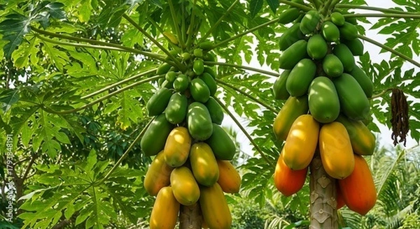 Obraz Papaya Trees Laden with Fruit - A Tropical Harvest.