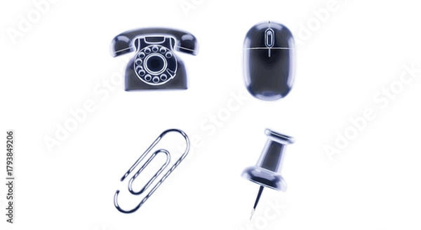 Obraz Office communication vintage telephone computer mouse paper clip and push pin