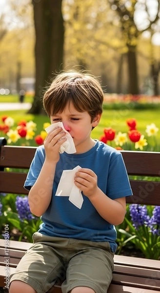 Fototapeta Boy with allergies blowing his nose on a park bench in spring.
