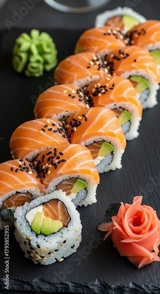 Fototapeta Delicious Salmon Sushi Rolls with Avocado and Wasabi on Slate Plate.