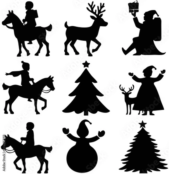 Obraz Set of Christmas Icons in Black Silhouette Style