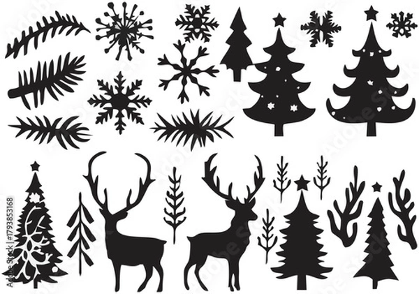 Obraz Set of Christmas Icons in Black Silhouette Style