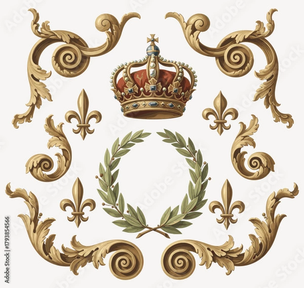 Fototapeta Royal baroque ornament set featuring golden scrolls, crown, laurel wreath, and fleur-de-lis in elegant classical style.