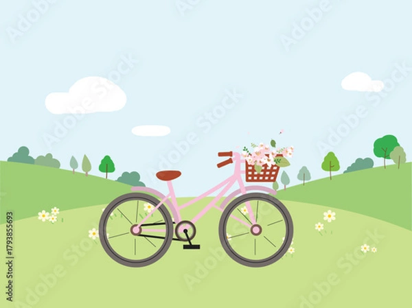 Fototapeta Charming Pink Bicycle in a Sunny Spring Landscape